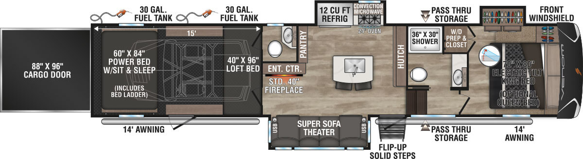 2024 KZ RV Robby Gordon Speed UTV Venom 3815RG Fifth Wheel Toy Hauler Floorplan