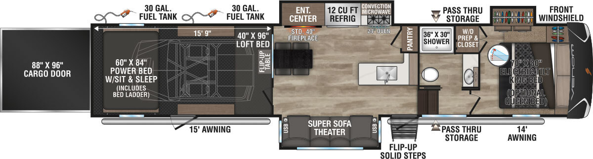 2024 KZ RV Robby Gordon Speed UTV Venom 3916RG Fifth Wheel Toy Hauler Floorplan