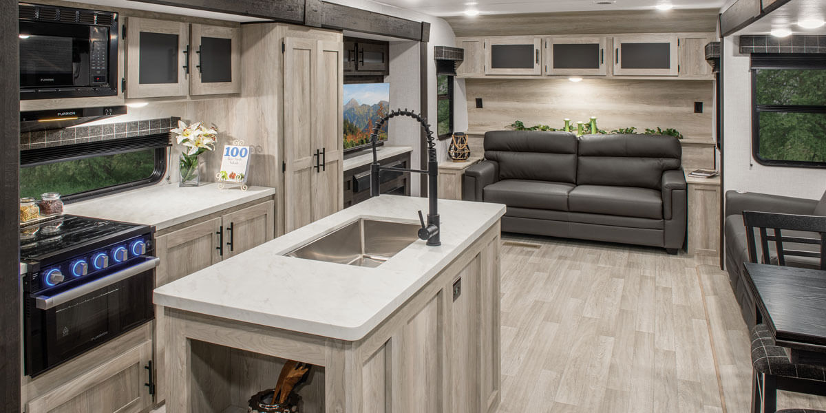 2024 KZ RV Sportsmen 363FL Destination Travel Trailer Kitchen and Living Room